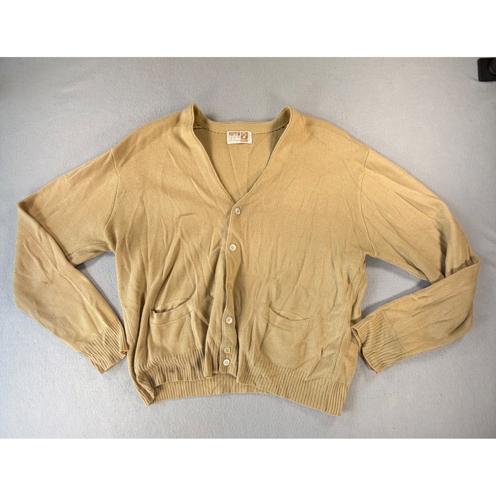 Mens Cardigan Tan Button Front Grandpa Sweater 70s Vintage Knit Montgomery Ward